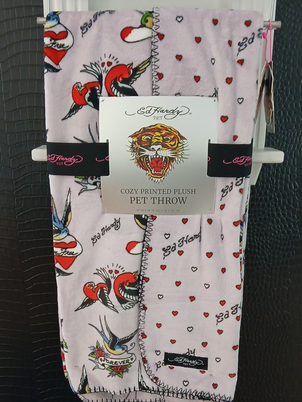 Ed Hardy Pink Heart & Tattoo-Print Plush Pet Throw